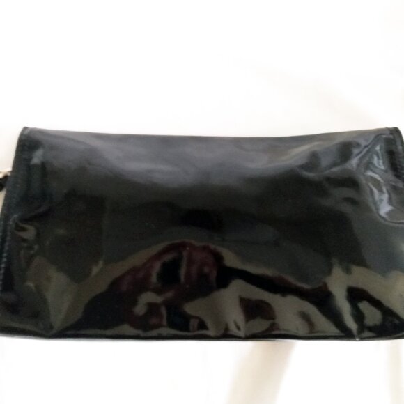 Karen Millen Black Patent Leather Clutch Bag-Leopard Print Interior & Hand Strap - Picture 8 of 14